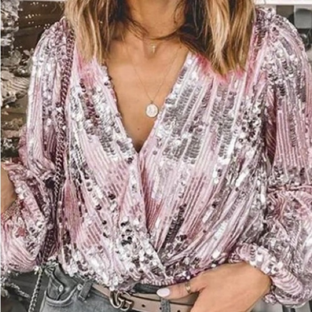 Rose pink sequin overlap v-neck top